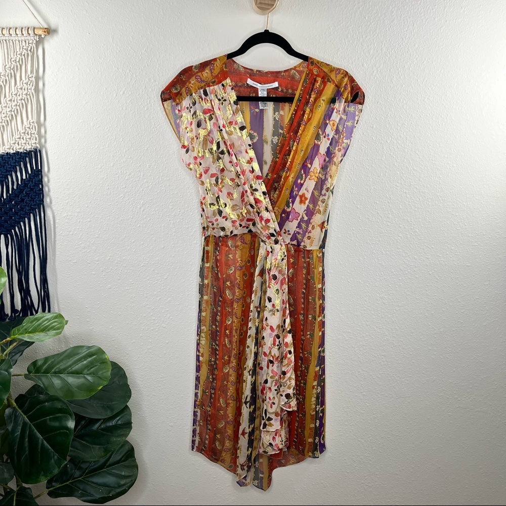 Diane Von Furstenberg Orange, Purple & Cream Mixed-Print Midi Wrap Dress